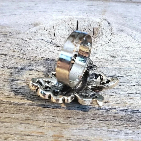 Vintage Y2K 90s Red Crystal Butterfly Silver Adjustable Cocktail Ring - Picture 5 of 8